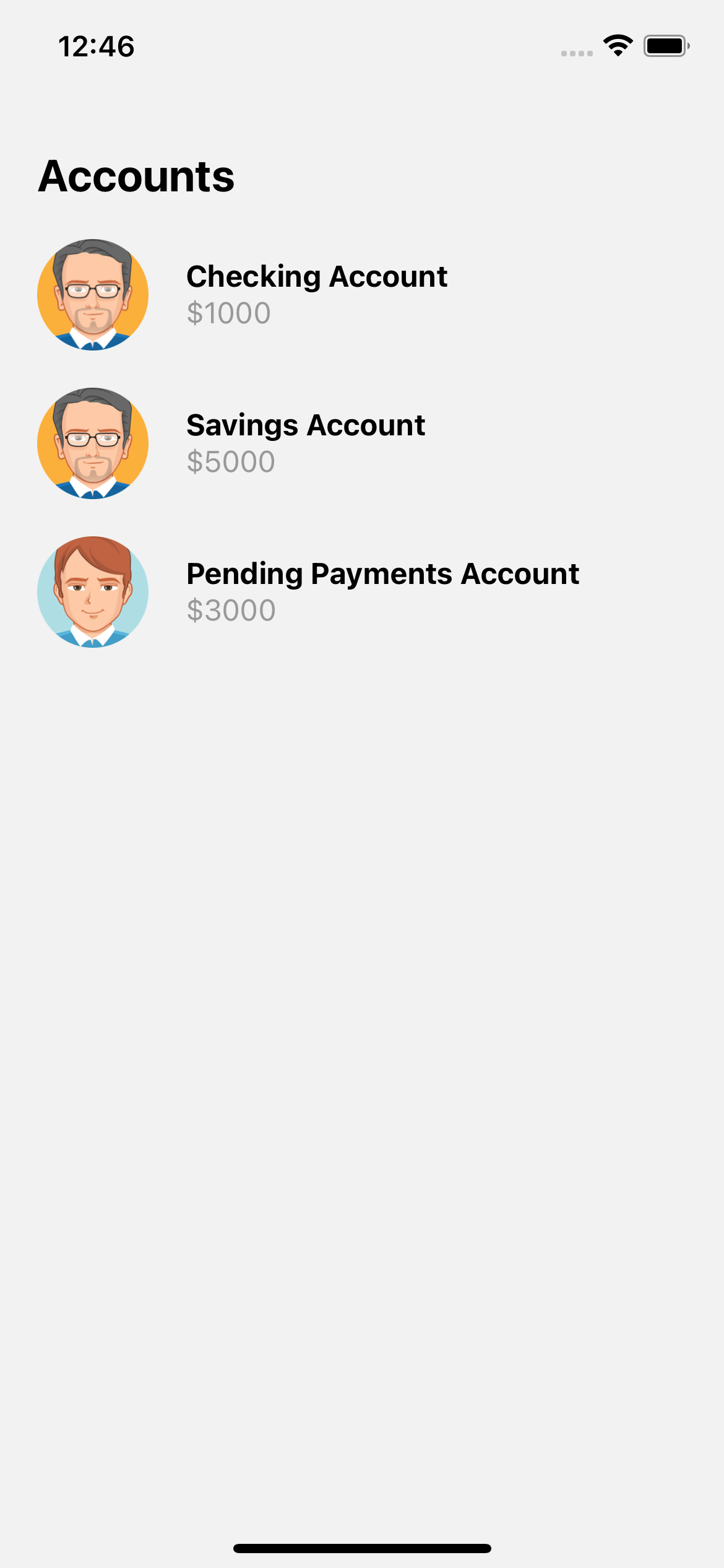React native template. Payments account list