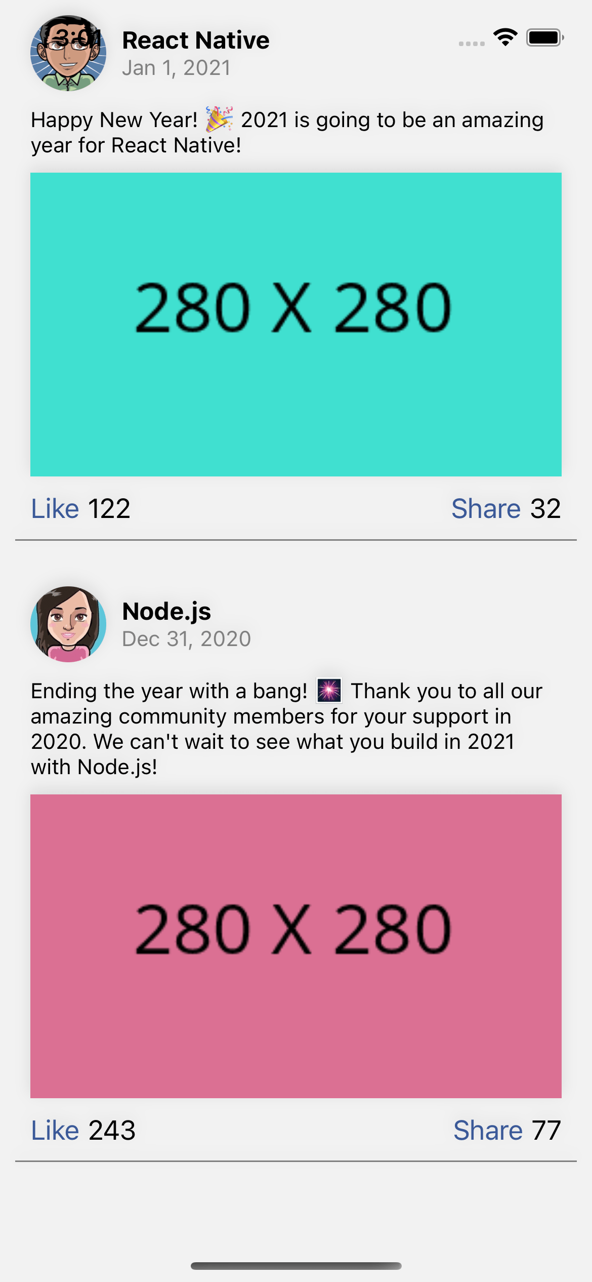 React native template. Home feed posts list social network