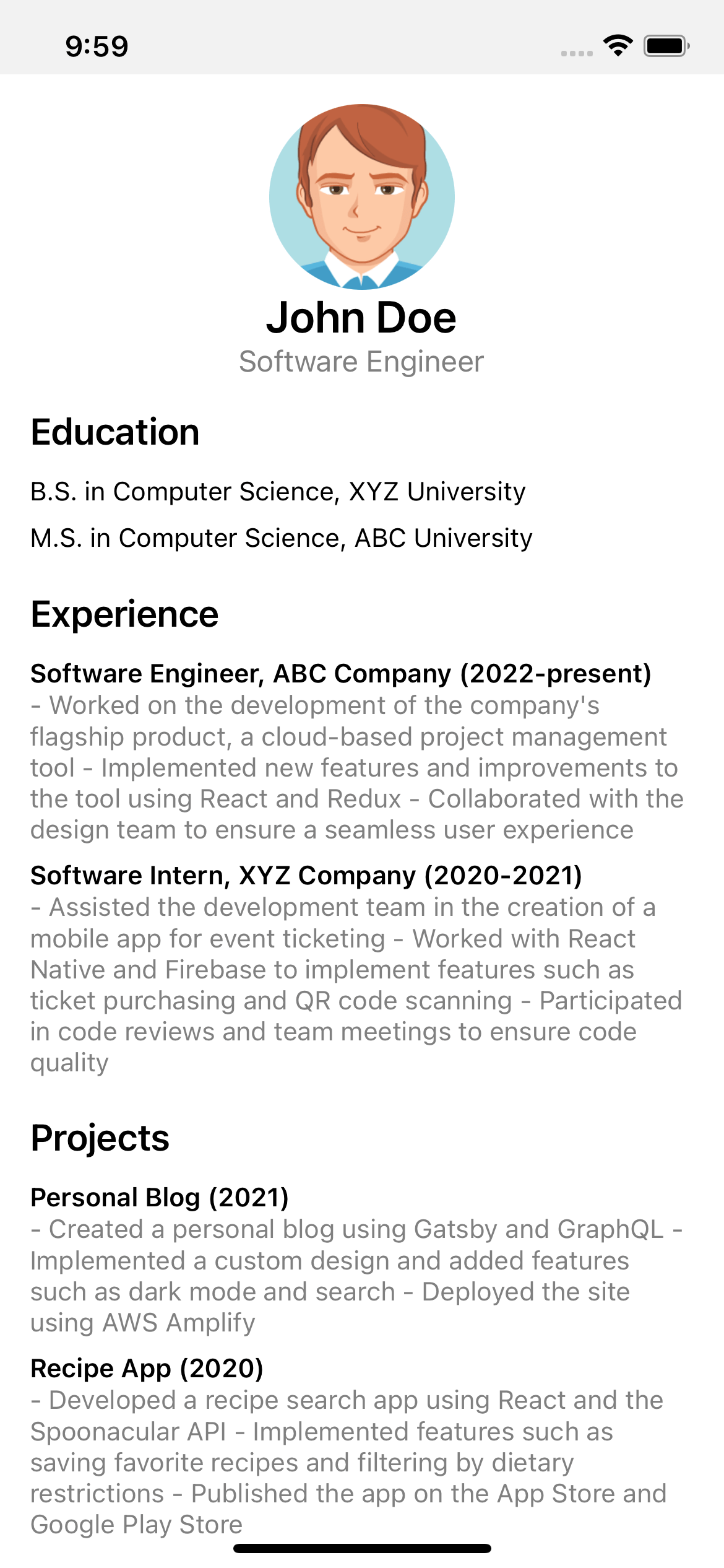 React native template. Simple resume view with education experience and project