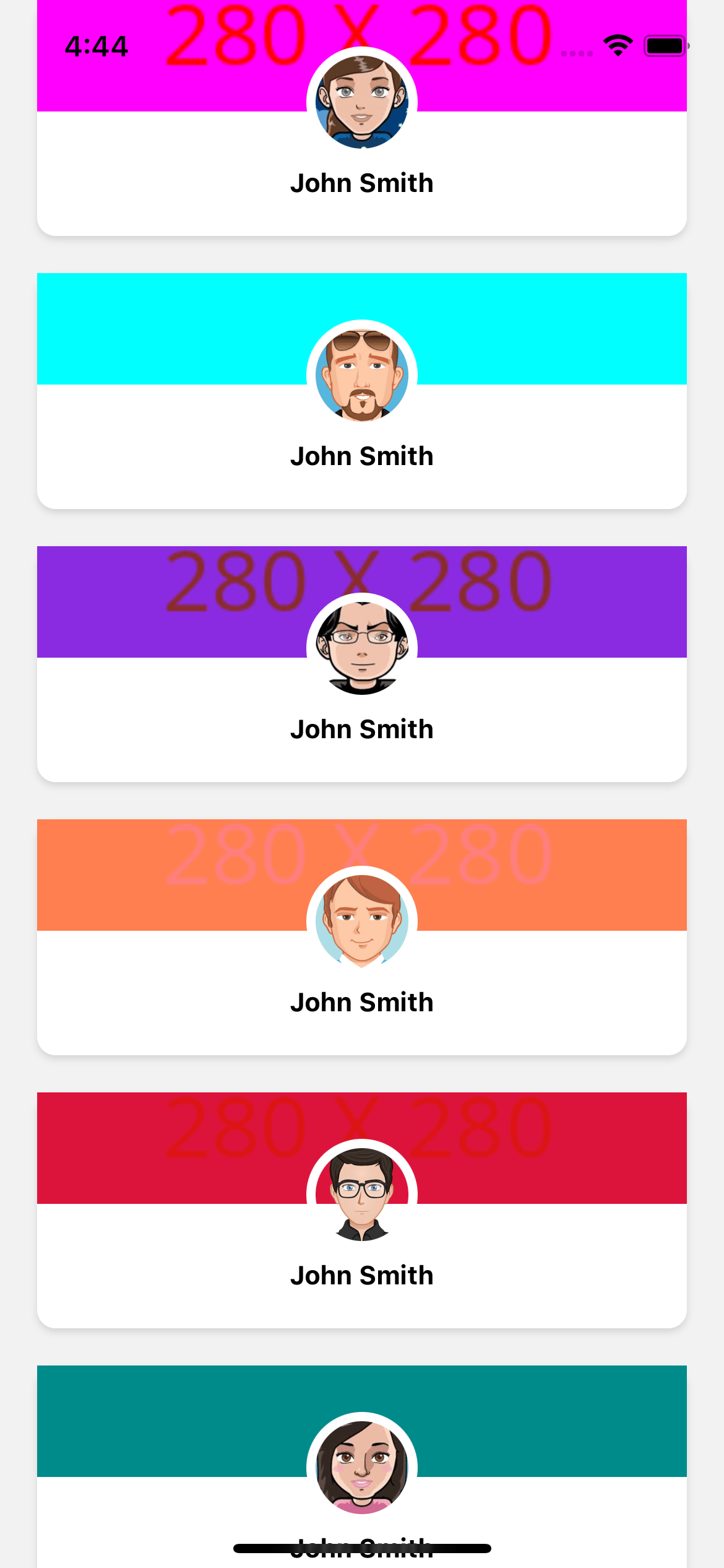 React native template. Profile cards with avatar and name
