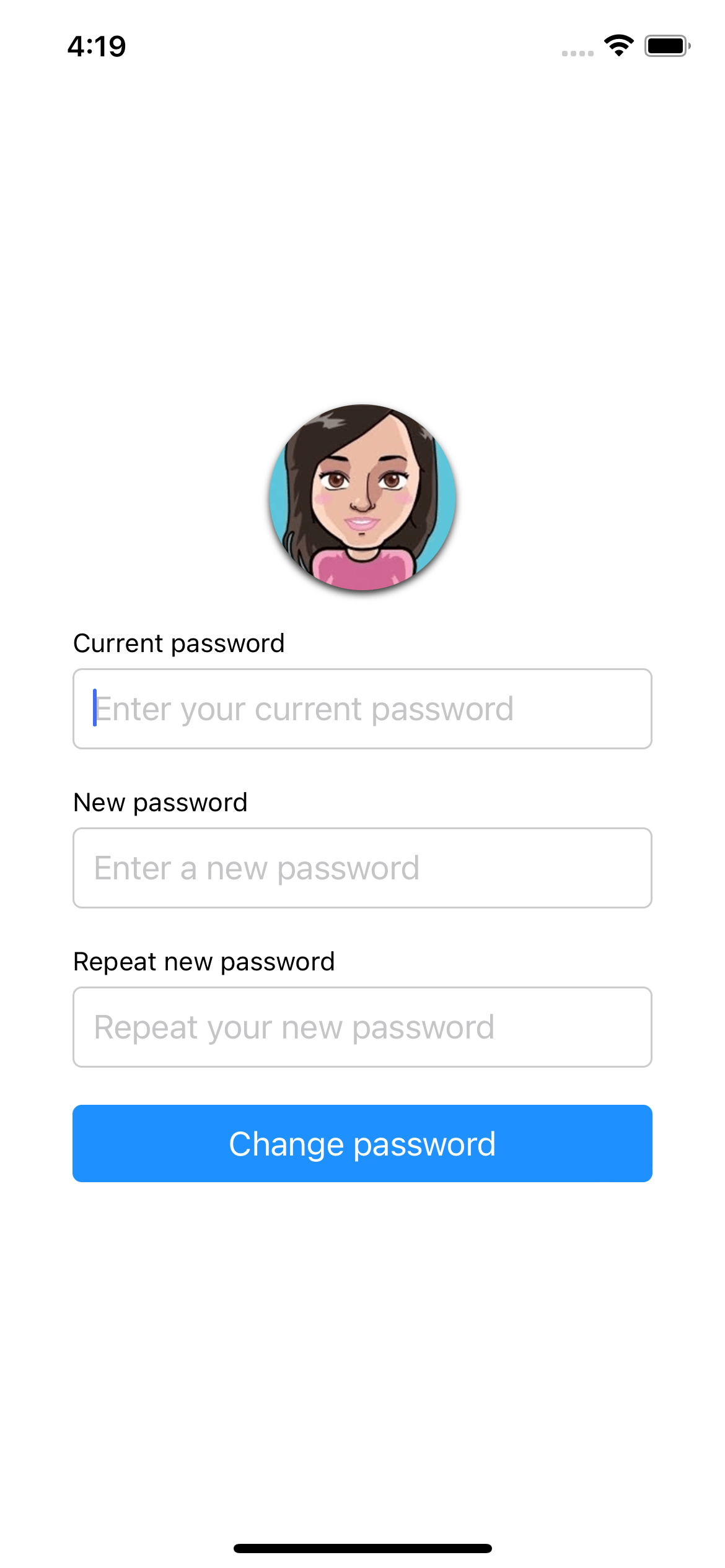 React native template. Change password form
