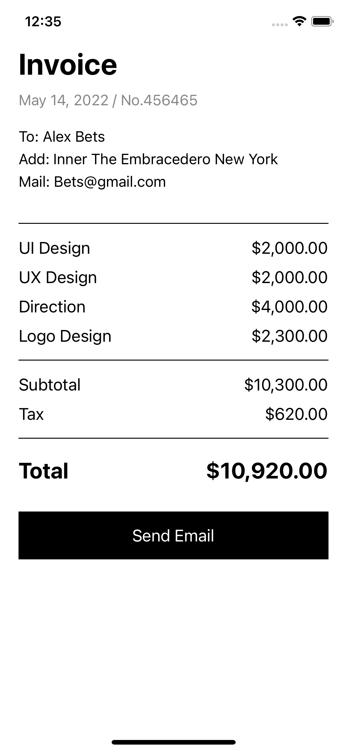React native template. Invoice screen with taxes
