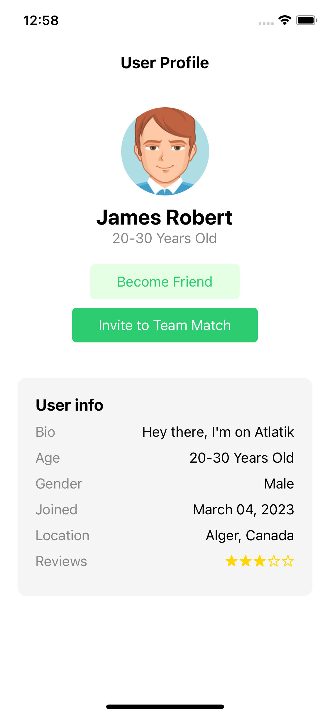 React native template. simple profile screen with invite buttons and user info